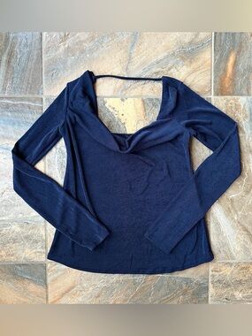 River Island Navy Blue Cowl Neck Long Sleeve Knit Top US Size 4 Chic Open Back